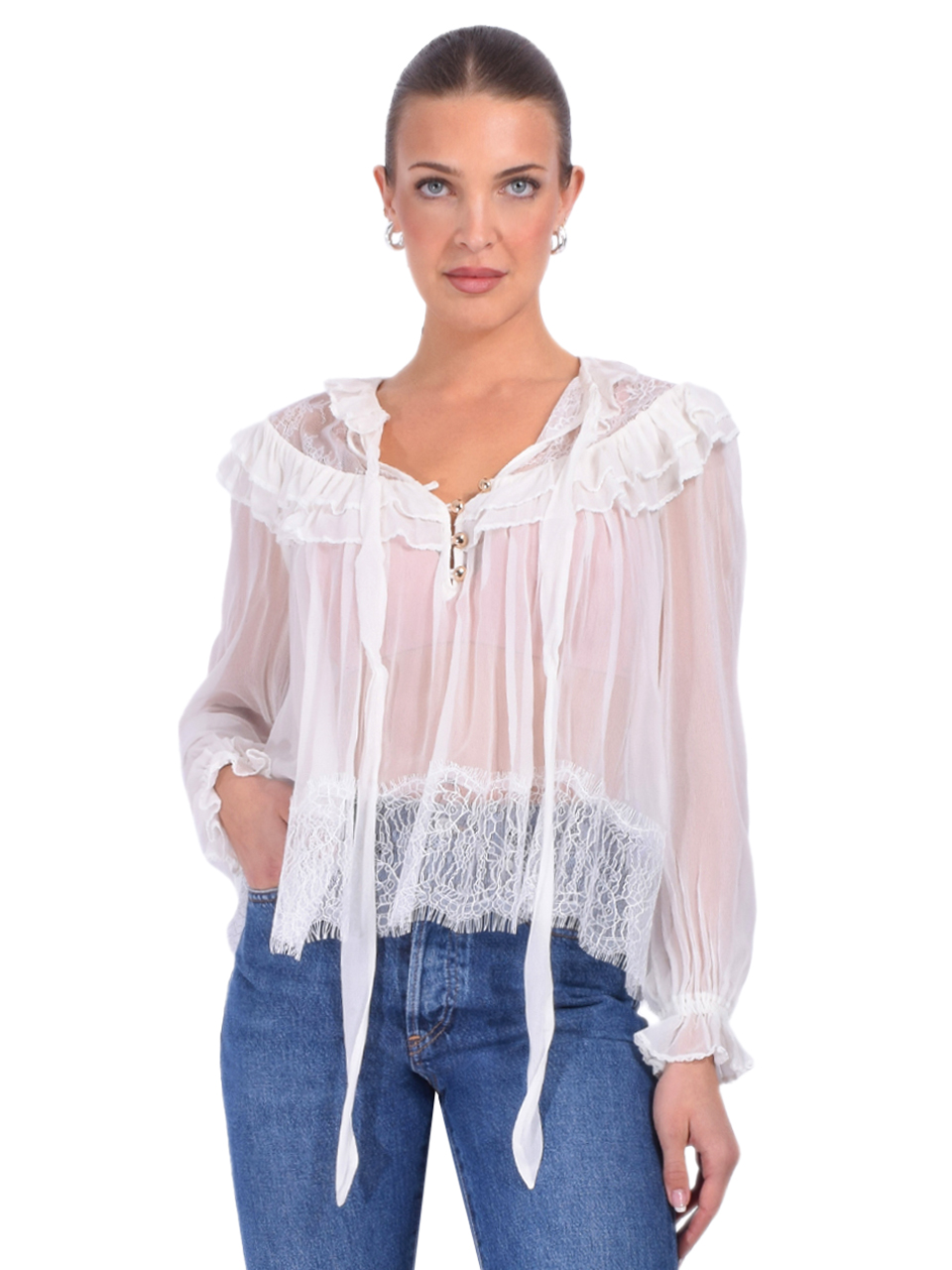 SELF-PORTRAIT Georgette Lace Blouse in White Front View 