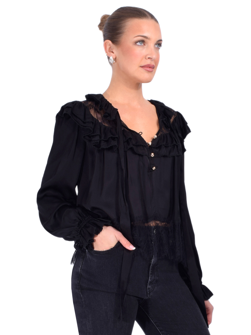 SELF-PORTRAIT Georgette Lace Blouse in Black Side View 