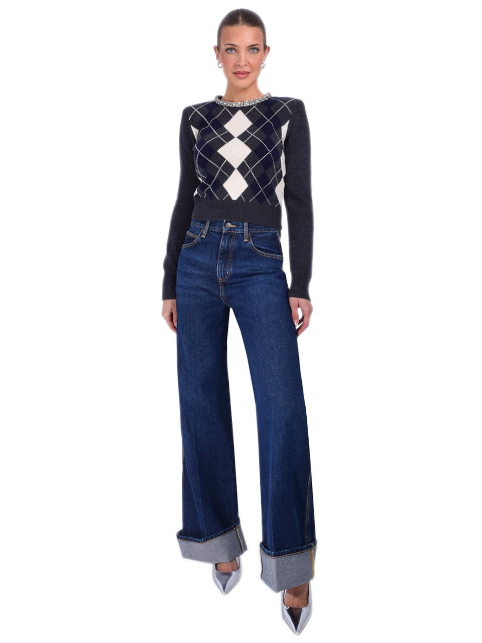 SELF-PORTRAIT Argyle Crystal Trim Jumper in Gray Full Outfit 