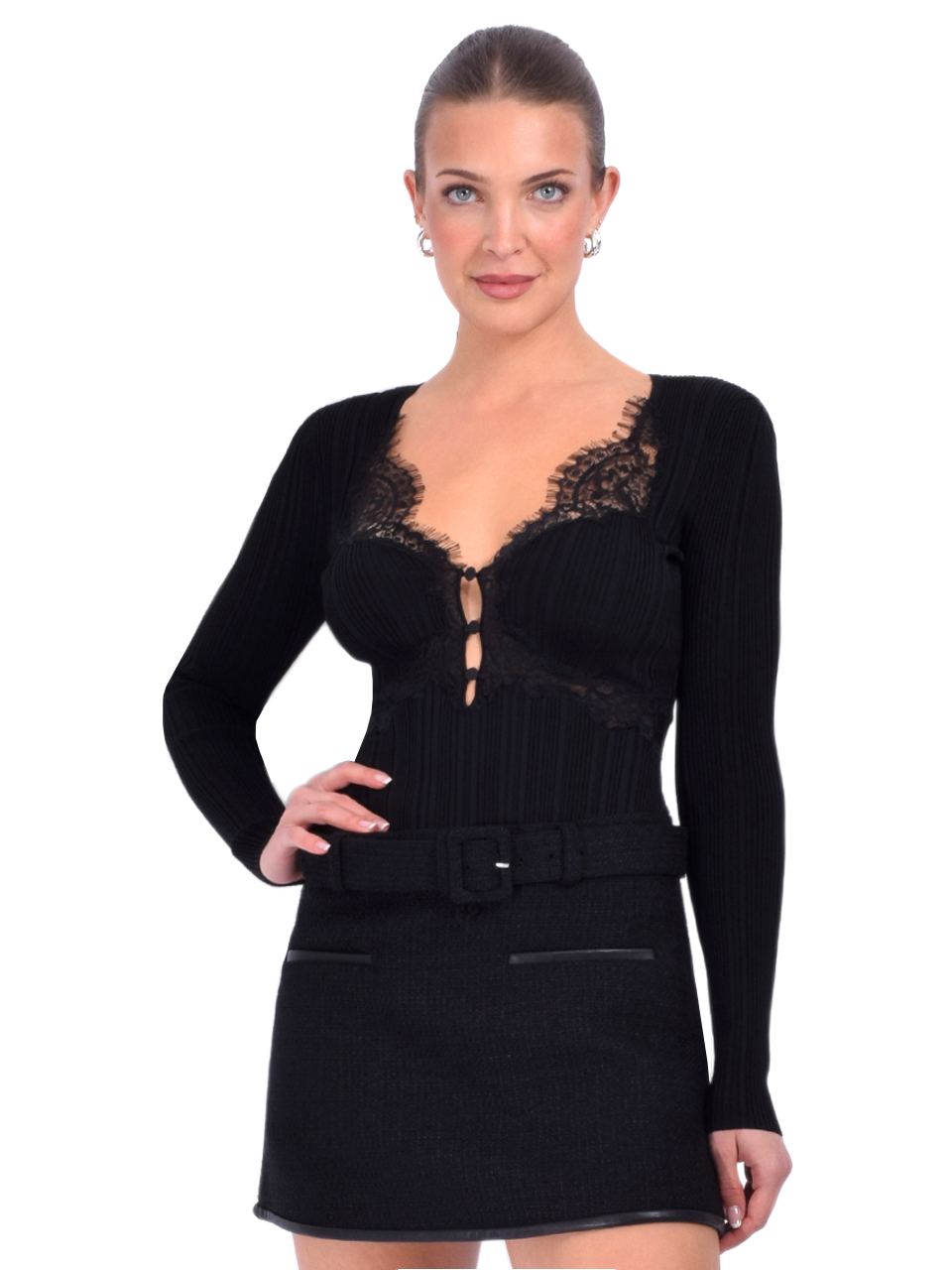 SELF-PORTRAIT Lace Knit Top in Black Front View 