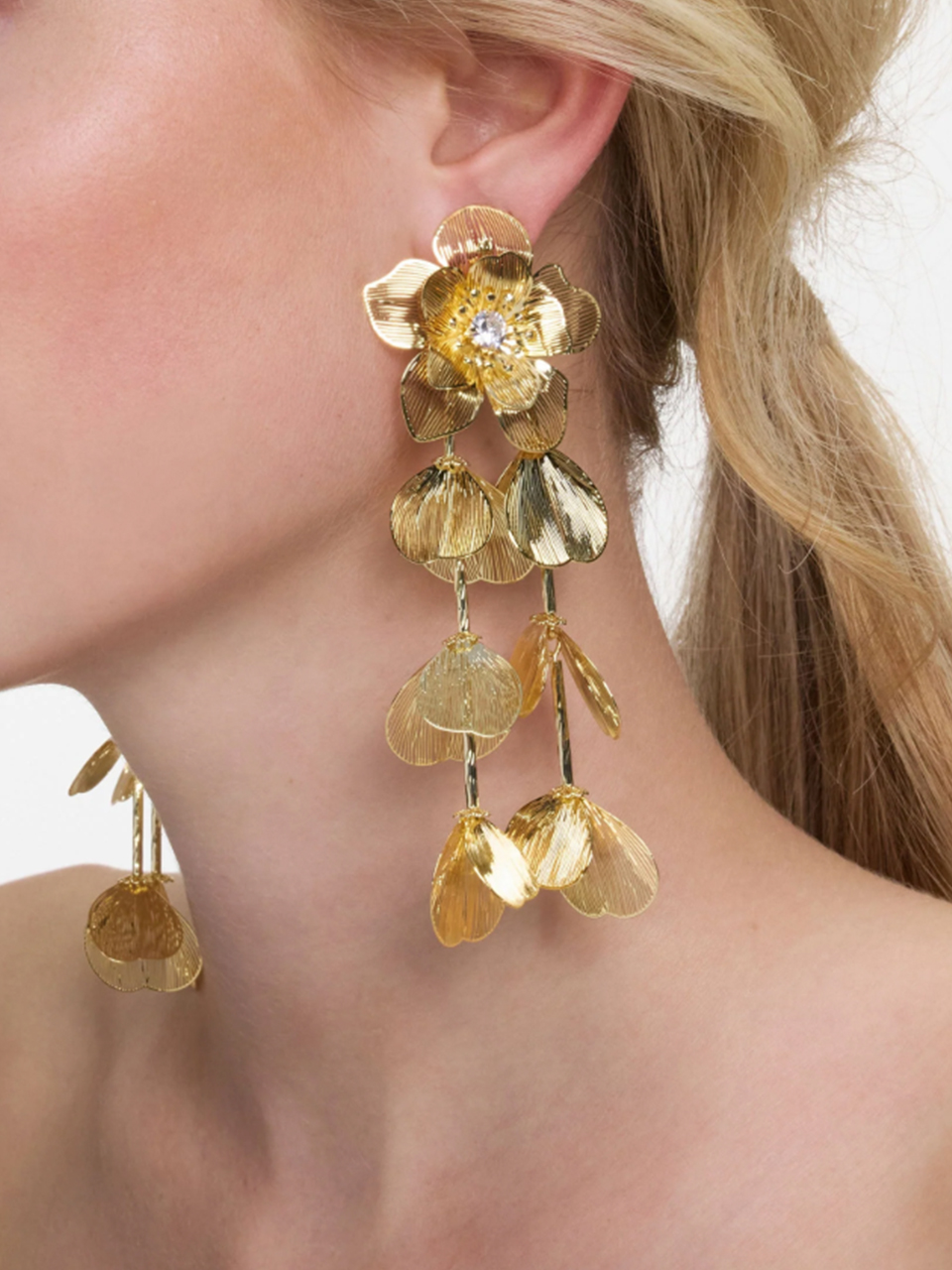 SELF-PORTRAIT Flower Earrings in Gold on Model 1