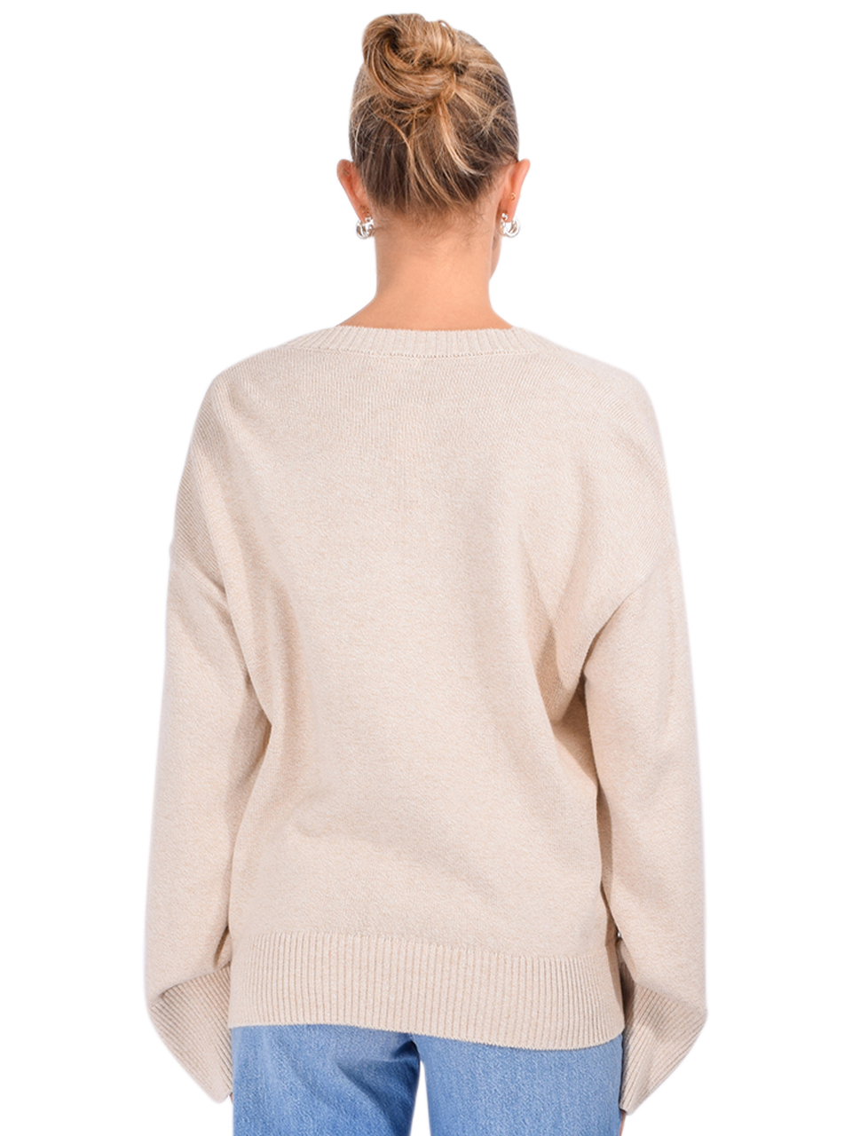 MINNIE ROSE Luxe Cotton Blend V Neck Cardigan in Wheat Back View 