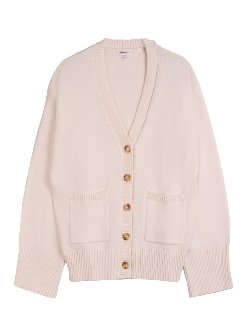 MINNIE ROSE Luxe Cotton Blend V Neck Cardigan in Wheat Product Shot 
