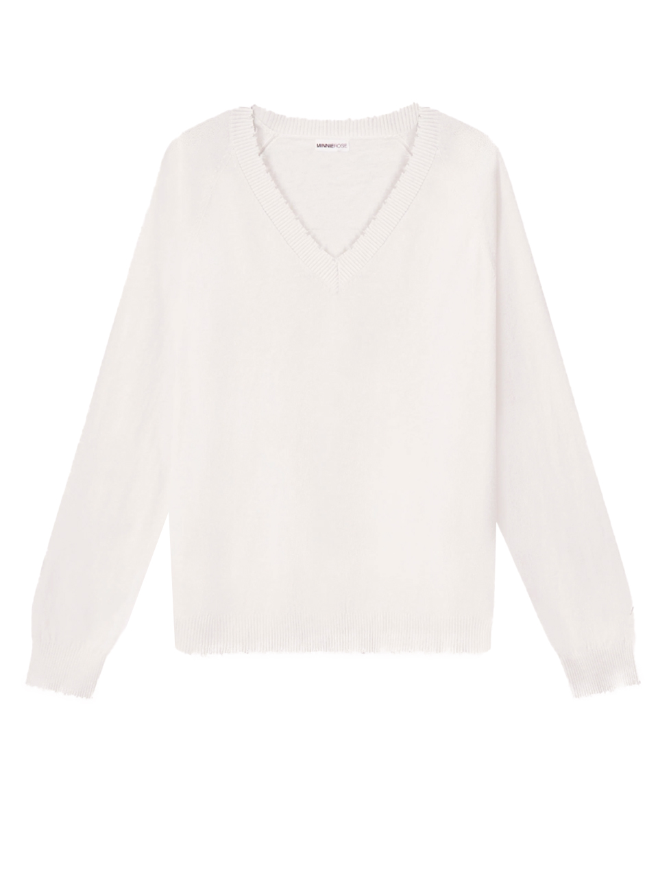 MINNIE ROSE Cashmere Frayed Edge V-Neck in White Product Shot 