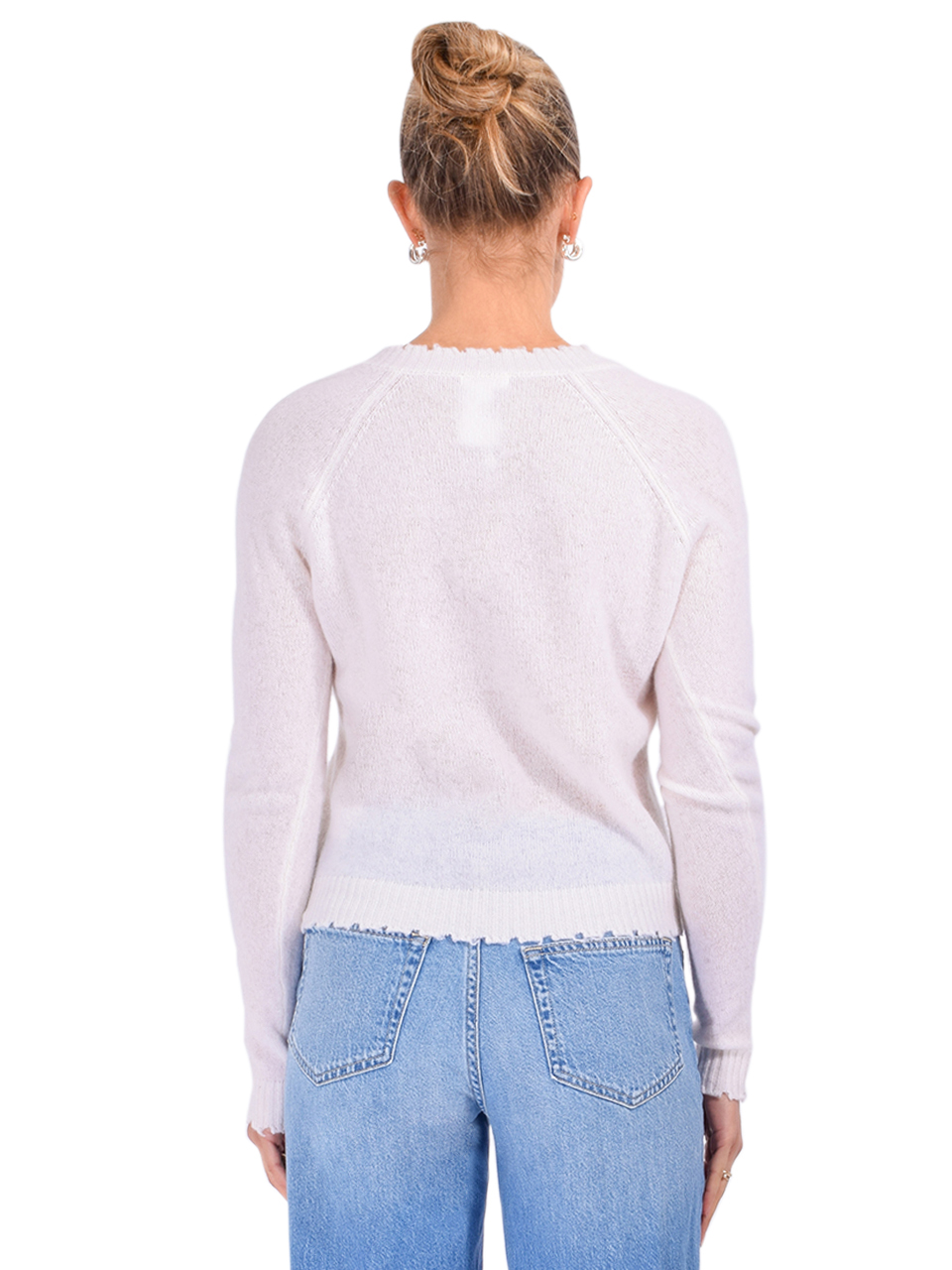 MINNIE ROSE Cashmere Frayed Edge V-Neck in White Back View 