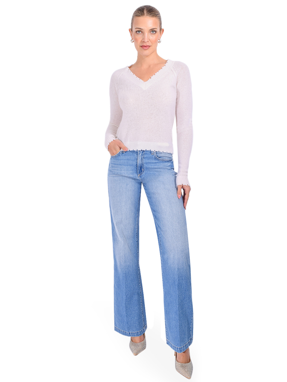 MINNIE ROSE Cashmere Frayed Edge V-Neck in White Full Outfit 