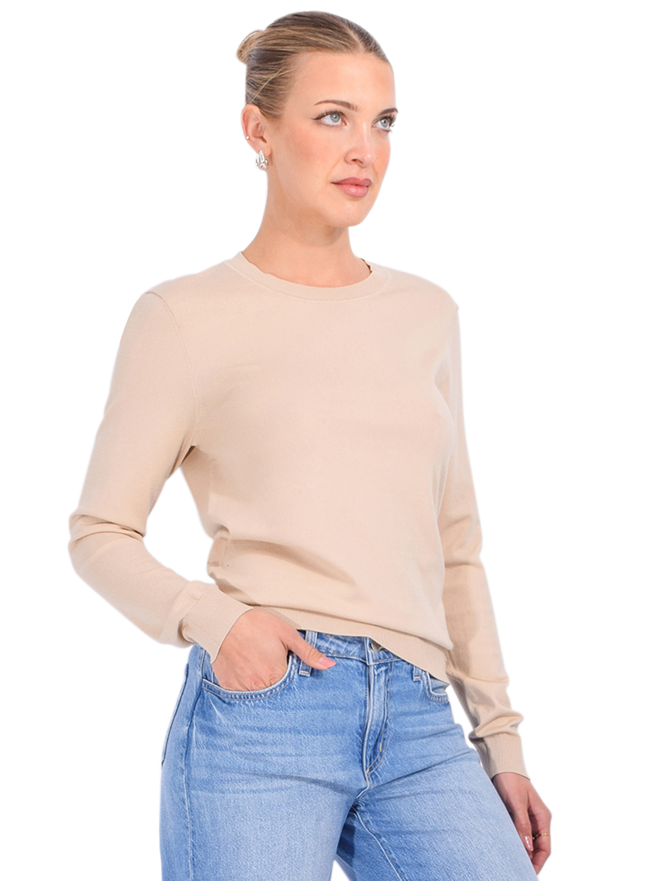 MINNIE ROSE Viscose Long Sleeve Crew Neck in Brown Sugar Side View 