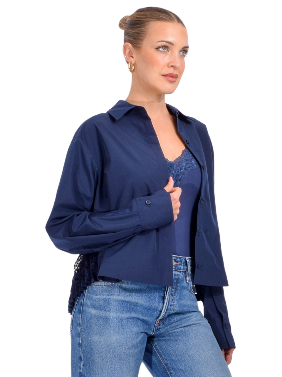 SIMKHAI Kacey Cotton Lace Shirt in Midnight Side View 2

