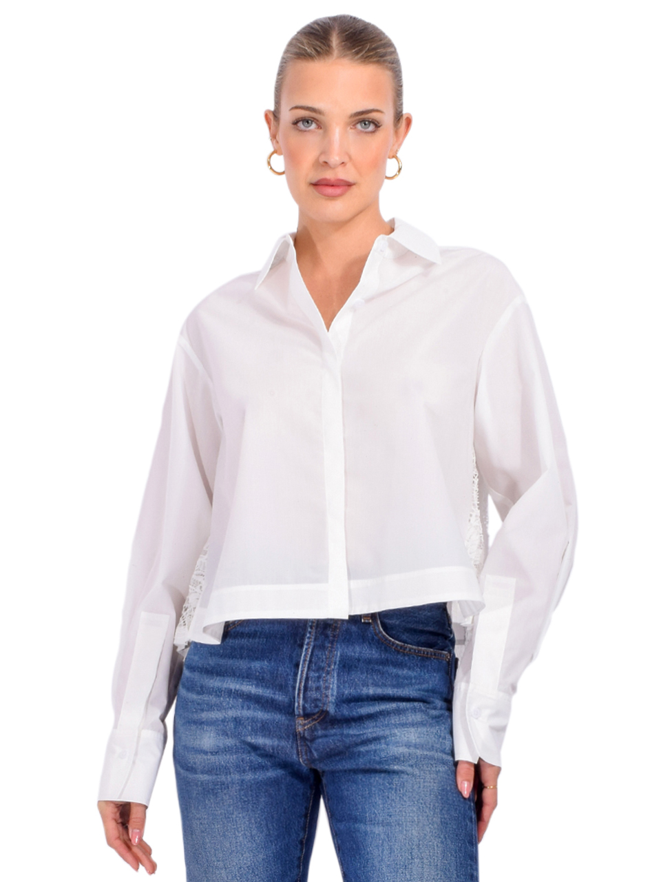 SIMKHAI Kacey Cotton Lace Shirt in Ivory Front View 