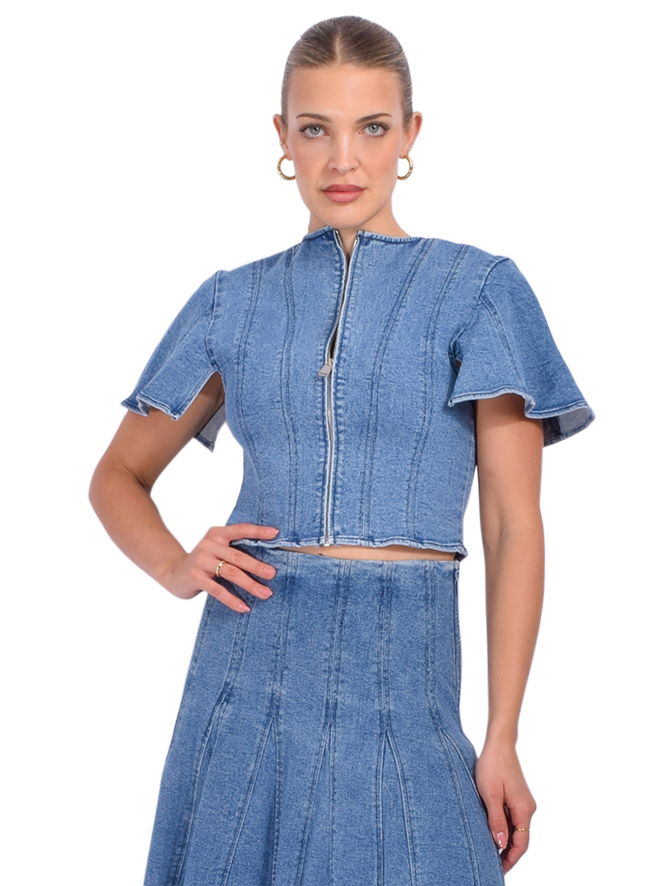 SIMKHAI Kolby Structured Denim Top Front View 2
