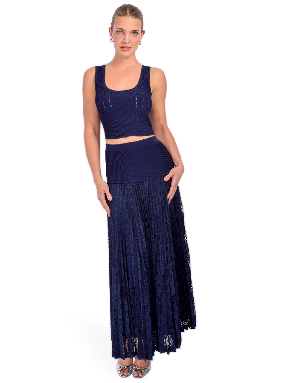 SIMKHAI Verona Lace Midi Skirt in Midnight Full Outfit 