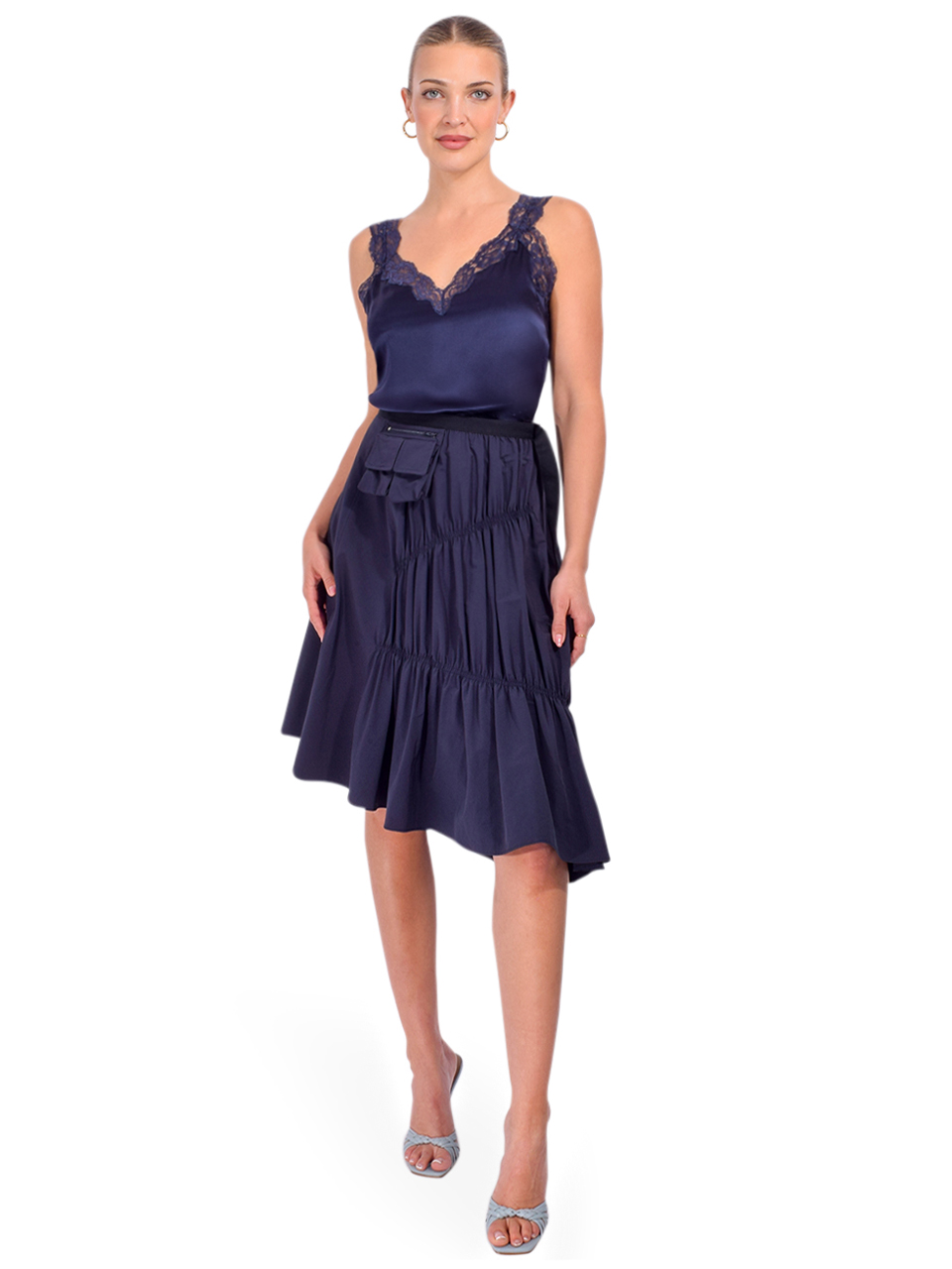 CAMI NYC Fernanda Camisole in Navy Full Outfit 