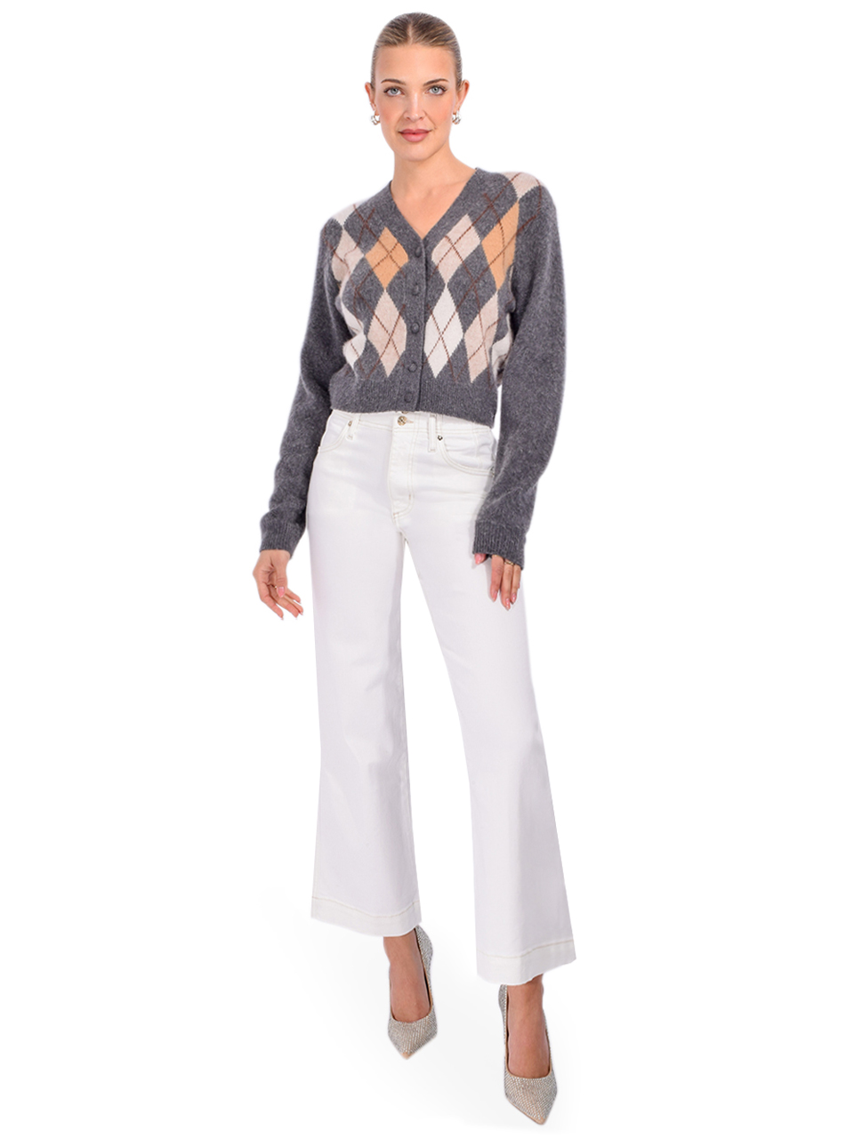 FRAME Brushed Argyle Cardigan in Grey Multi Full Outfit 