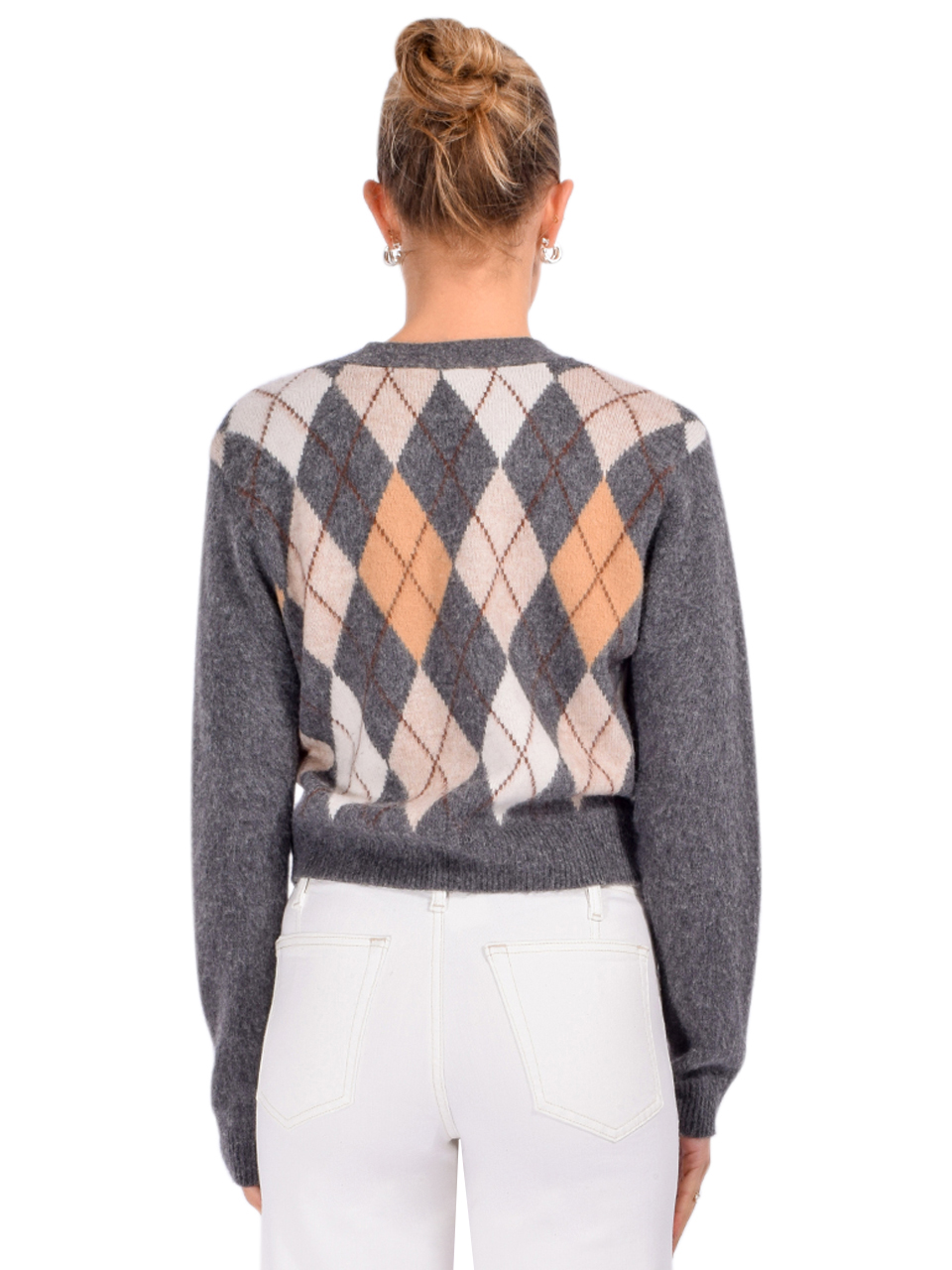FRAME Brushed Argyle Cardigan in Grey Multi