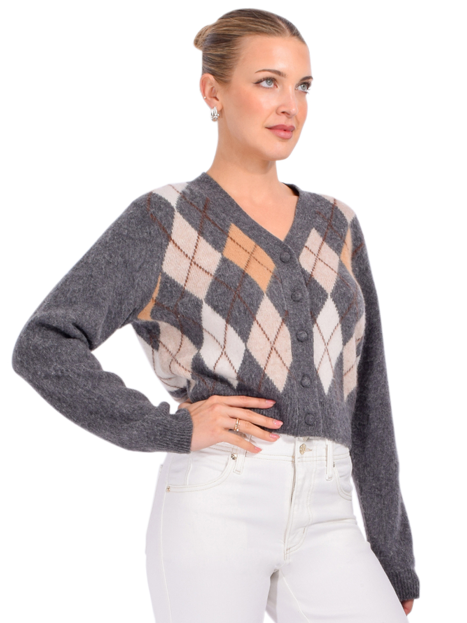 FRAME Brushed Argyle Cardigan in Grey Multi