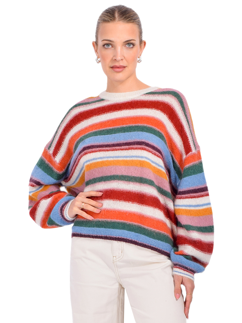 BA&SH Serena Oversize Striped Sweater in Pink Multi Front View 