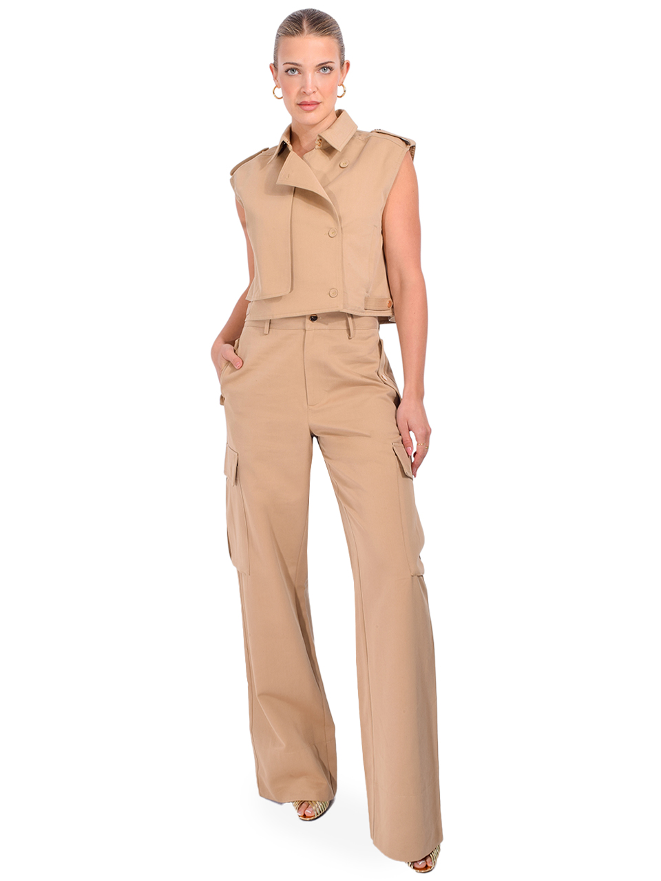 KARINA GRIMALDI Sola Trench Vest in Khaki Full Outfit 