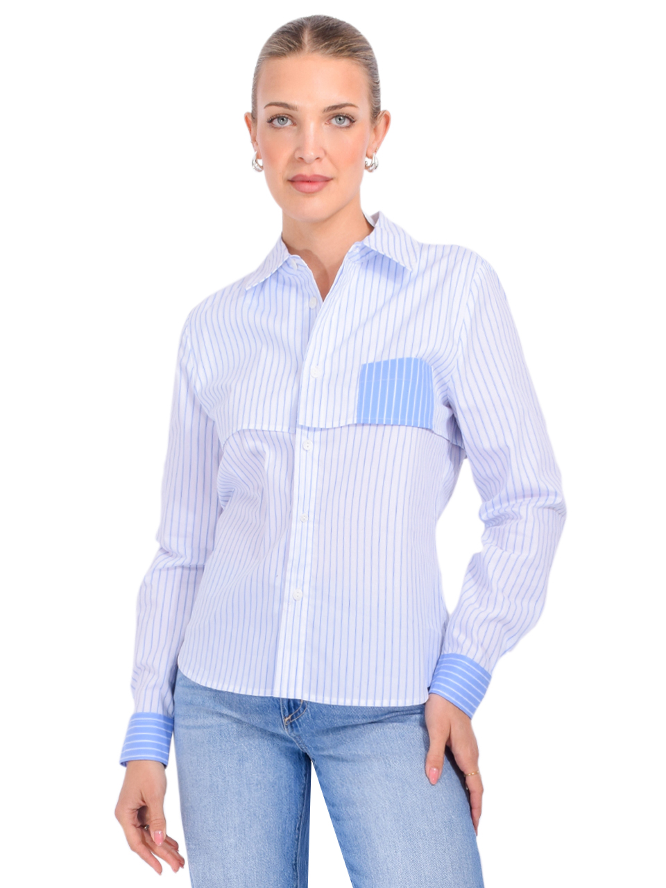 KARINA GRIMALDI Auri Shirt in Blue Combo Stripe Front View 