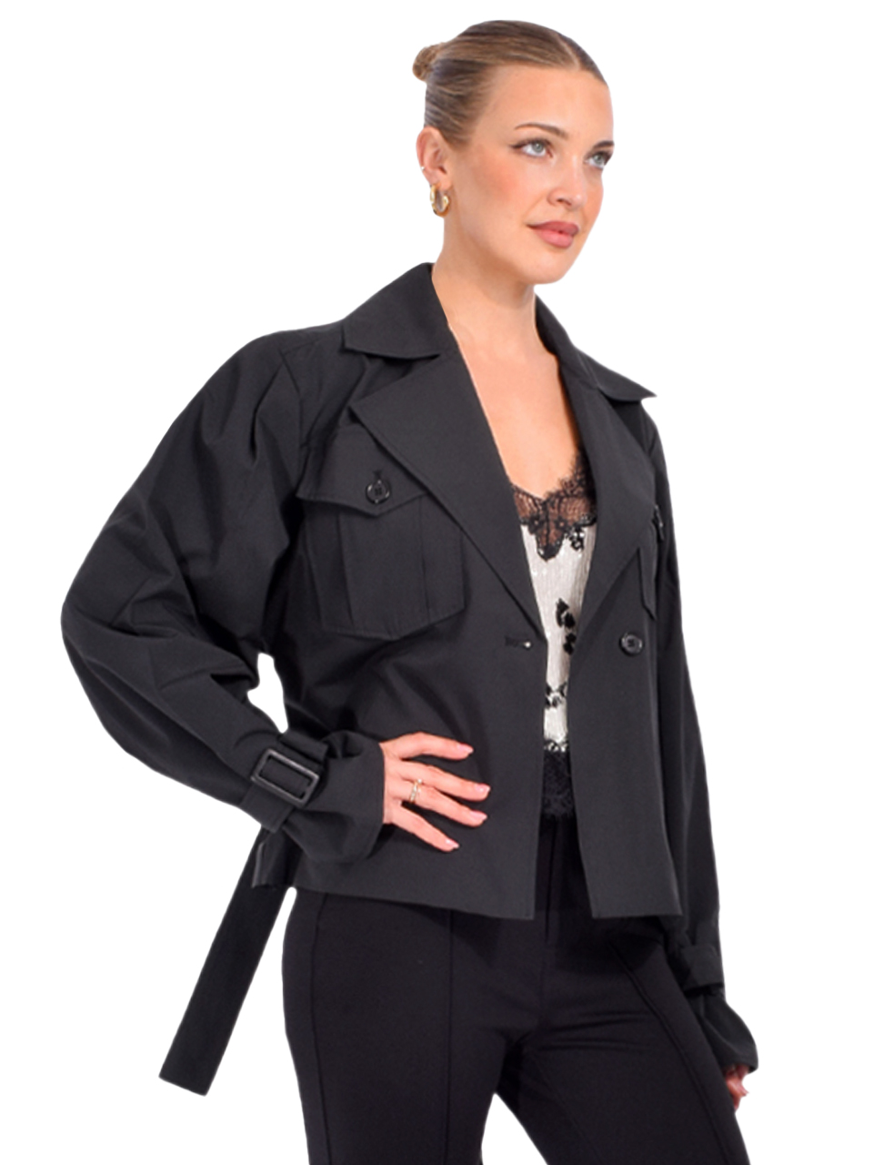 LAMARQUE Quinn Cropped Trench in Black Side View 