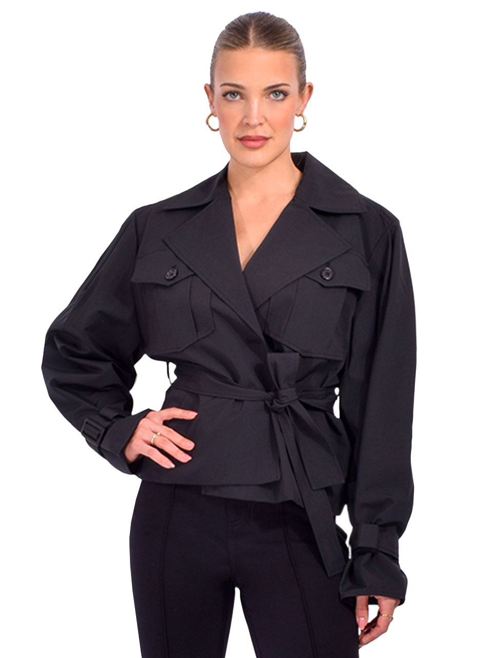 LAMARQUE Quinn Cropped Trench in Black Front View 