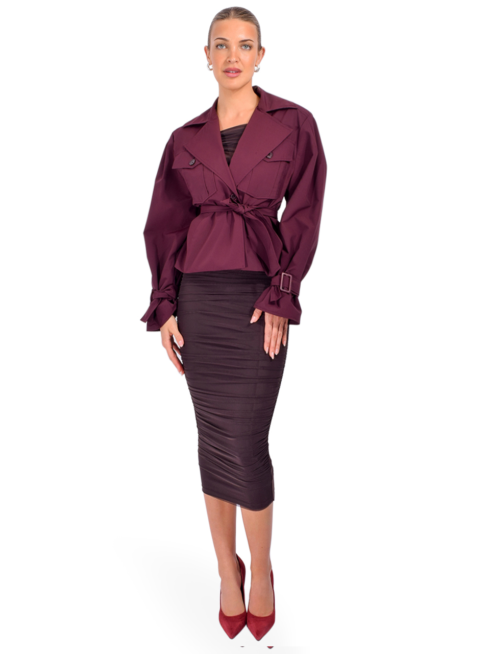 LAMARQUE Quinn Cropped Trench in Burgundy Full Outfit 