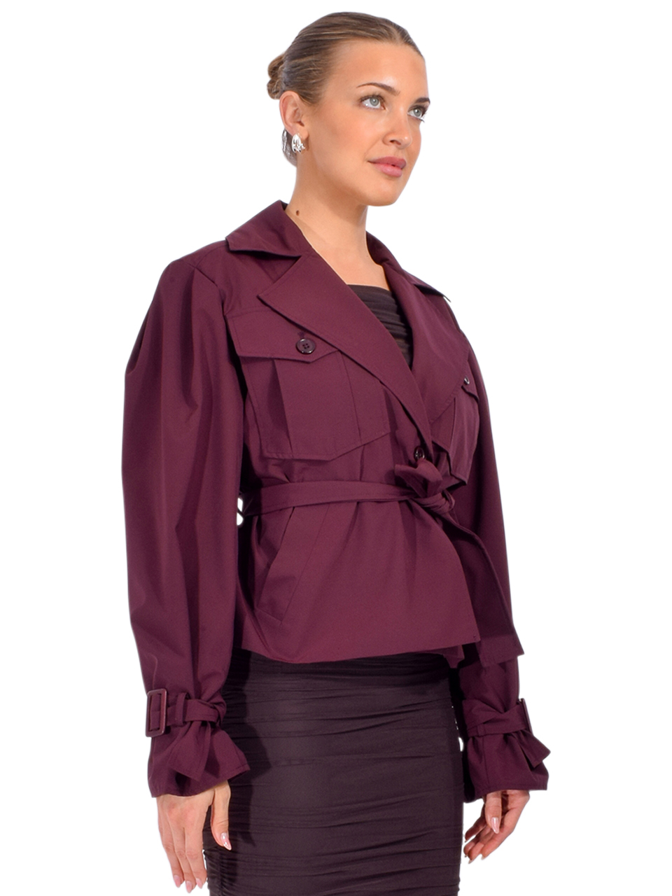 LAMARQUE Quinn Cropped Trench in Burgundy Side View 