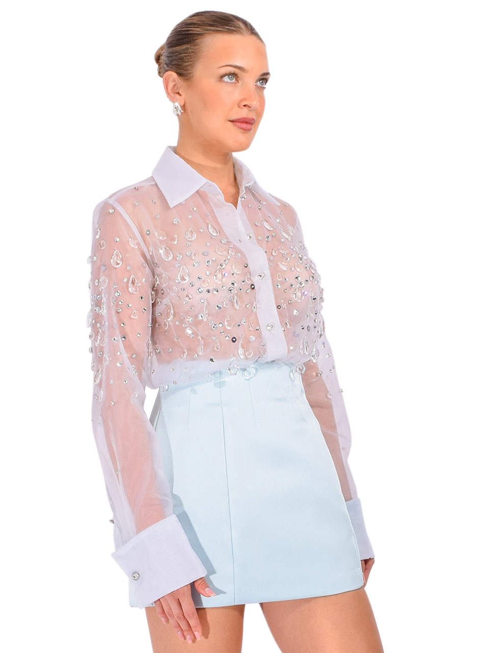RETROFÊTE Eugenia Embellished Blouse in Baby Blue Side View 