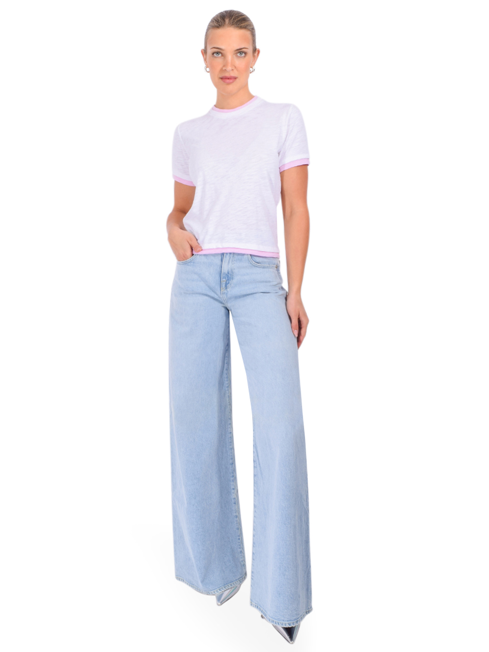 CHRLDR Double Jane Perfect Tee in White/ Pink Full Outfit 