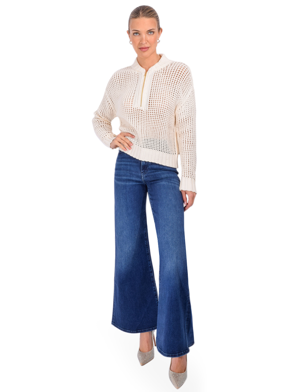 CHRLDR Maya Crochet Half Zip Sweater in Off-White Full Outfit 