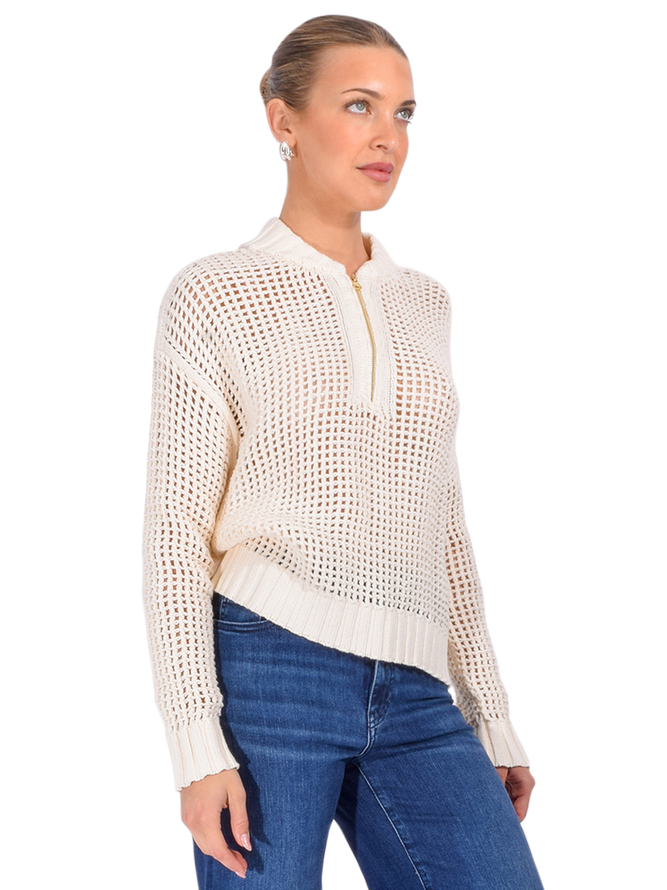 CHRLDR Maya Crochet Half Zip Sweater in Off-White Side View 