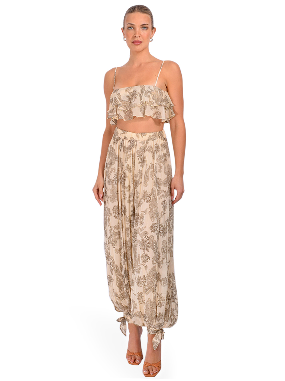 HEMANT & NANDITA Dani Ruffle Top in Ivory Multi Full Outfit 