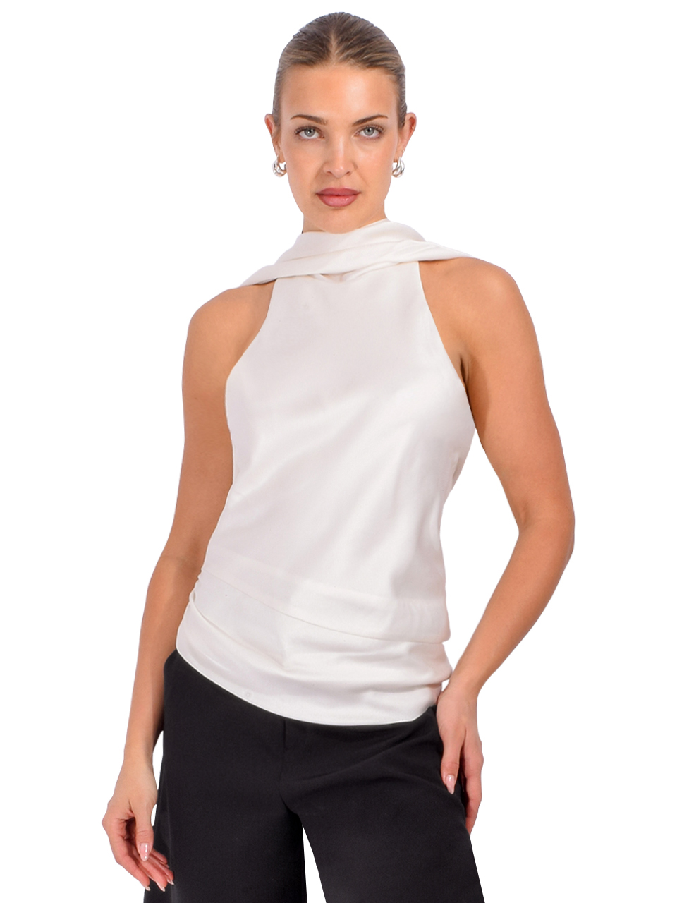 SIMKHAI Samira Satin Cape Top in Ivory Front View 