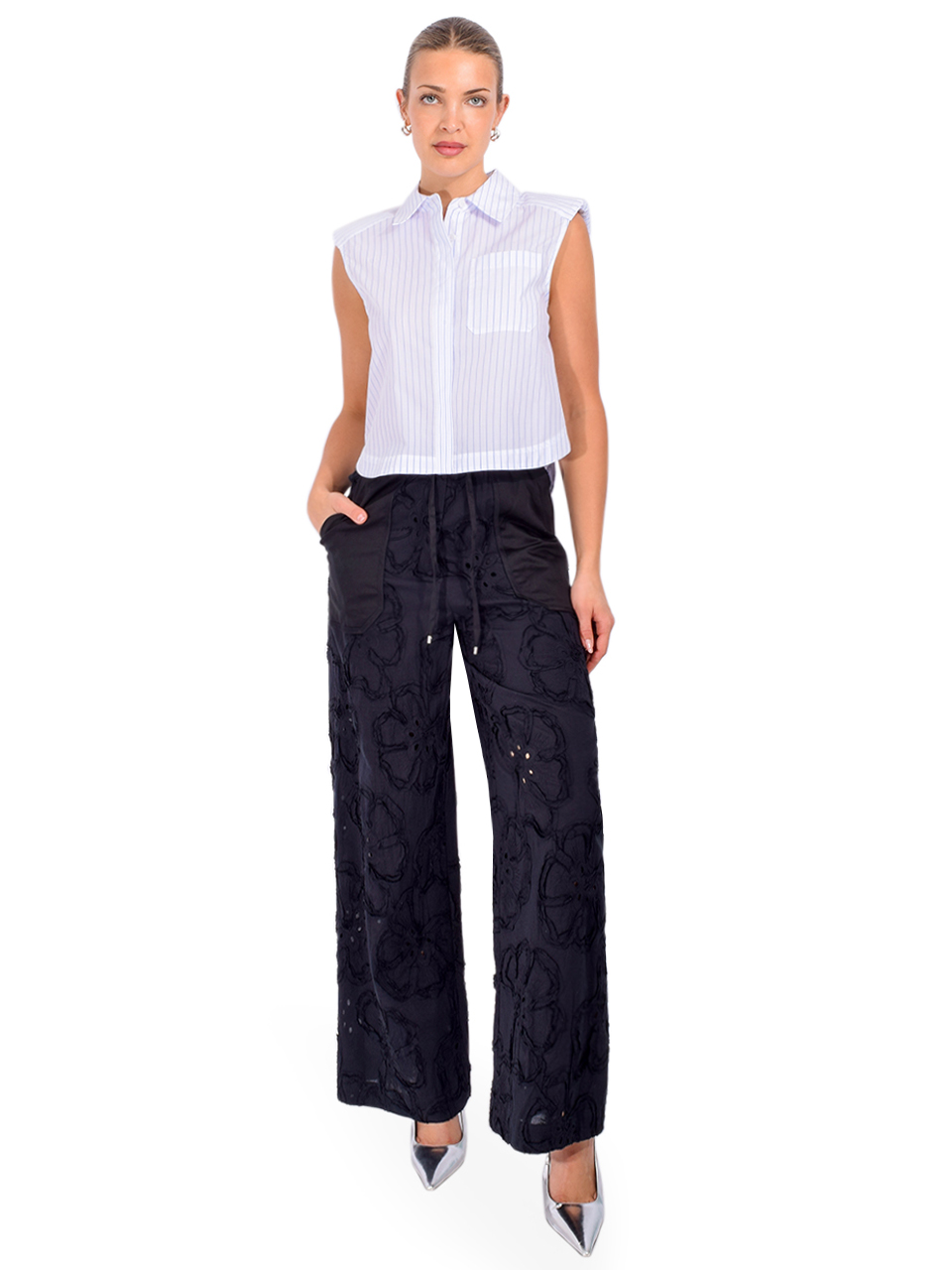 SIMKHAI Winslow Cropped Shirt in White Stripe Full Outfit 