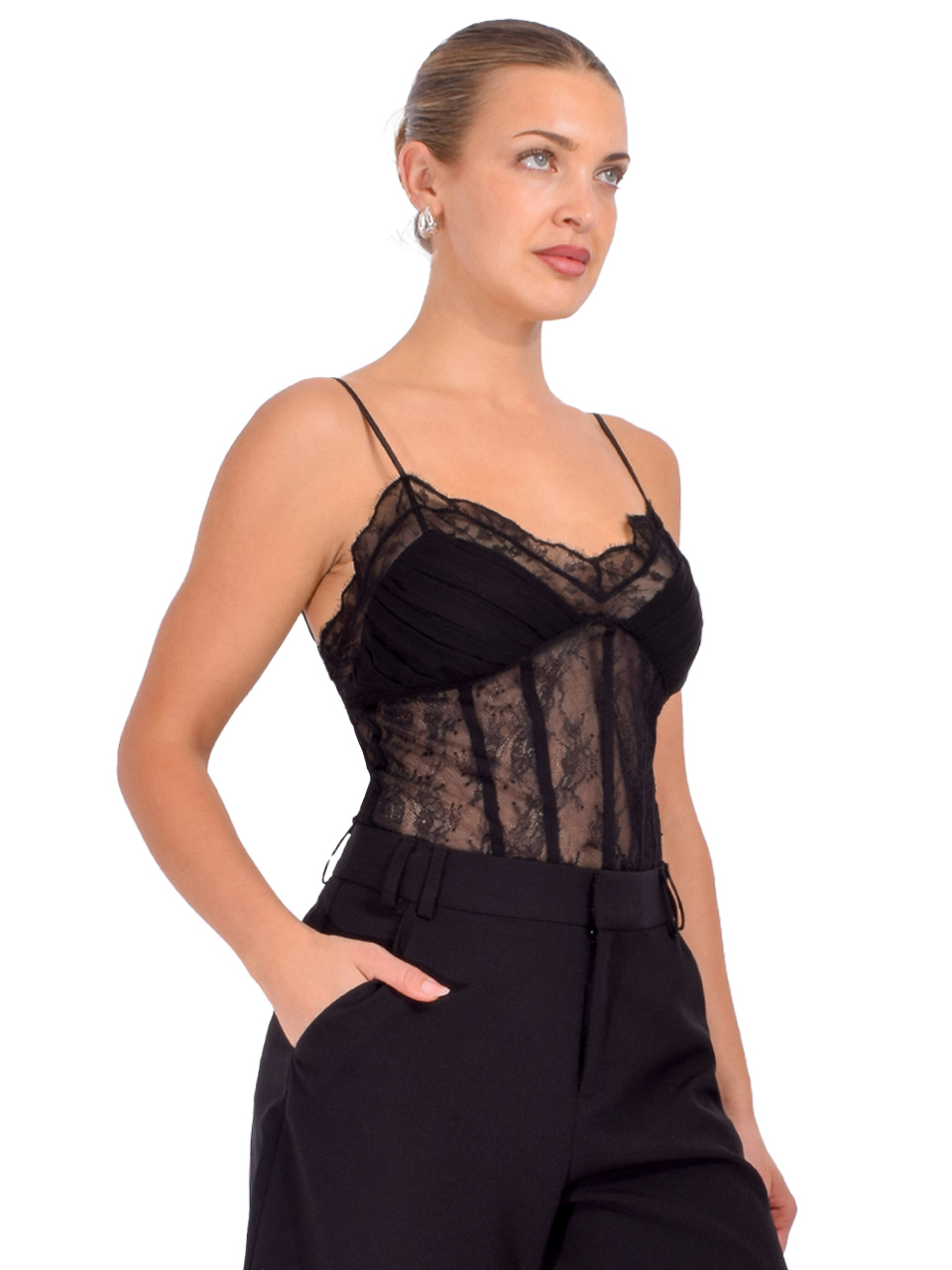 SIMKHAI Angelina Lace Bustier Bodysuit in Black Side View 