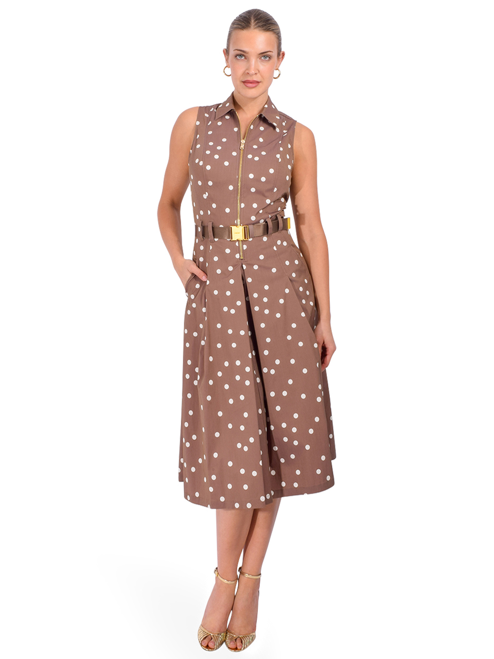 L'AGENCE Kylo Shirt Dress in Brown Polka Dot Front View 2