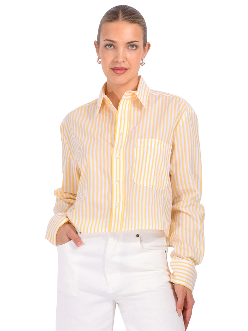 FRAME The Shorty Shirt in Golden Stripe Front View 