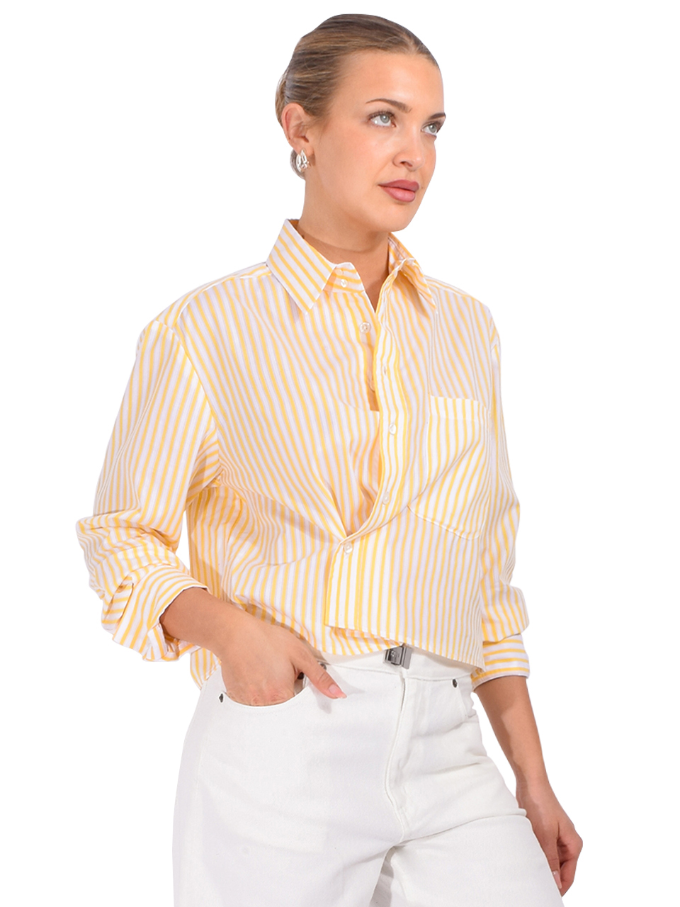 FRAME The Shorty Shirt in Golden Stripe Side View 