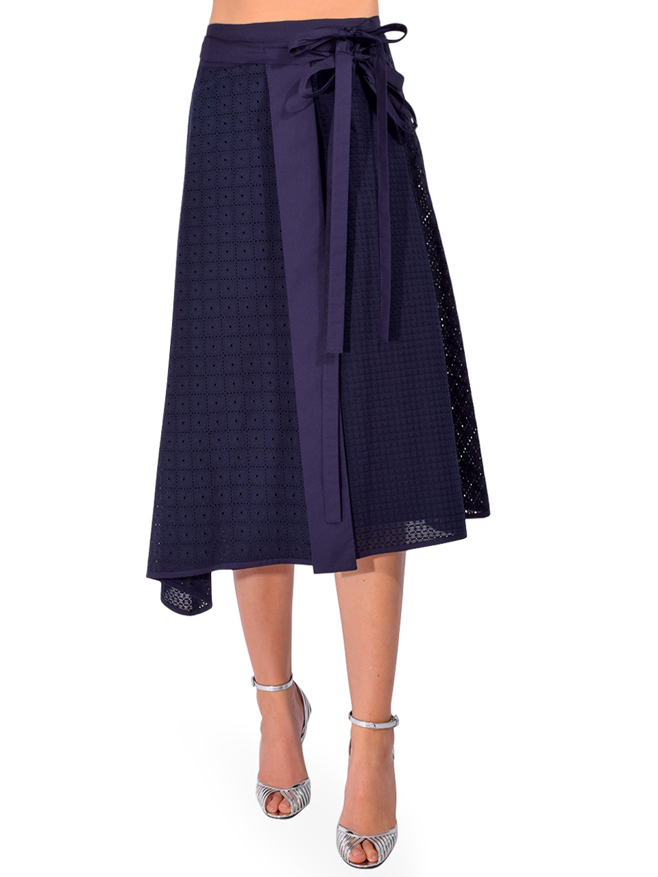 3.1 PHILLIP LIM Broderie Anglaise Patchwork Midi Skirt in Midnight Front View 
