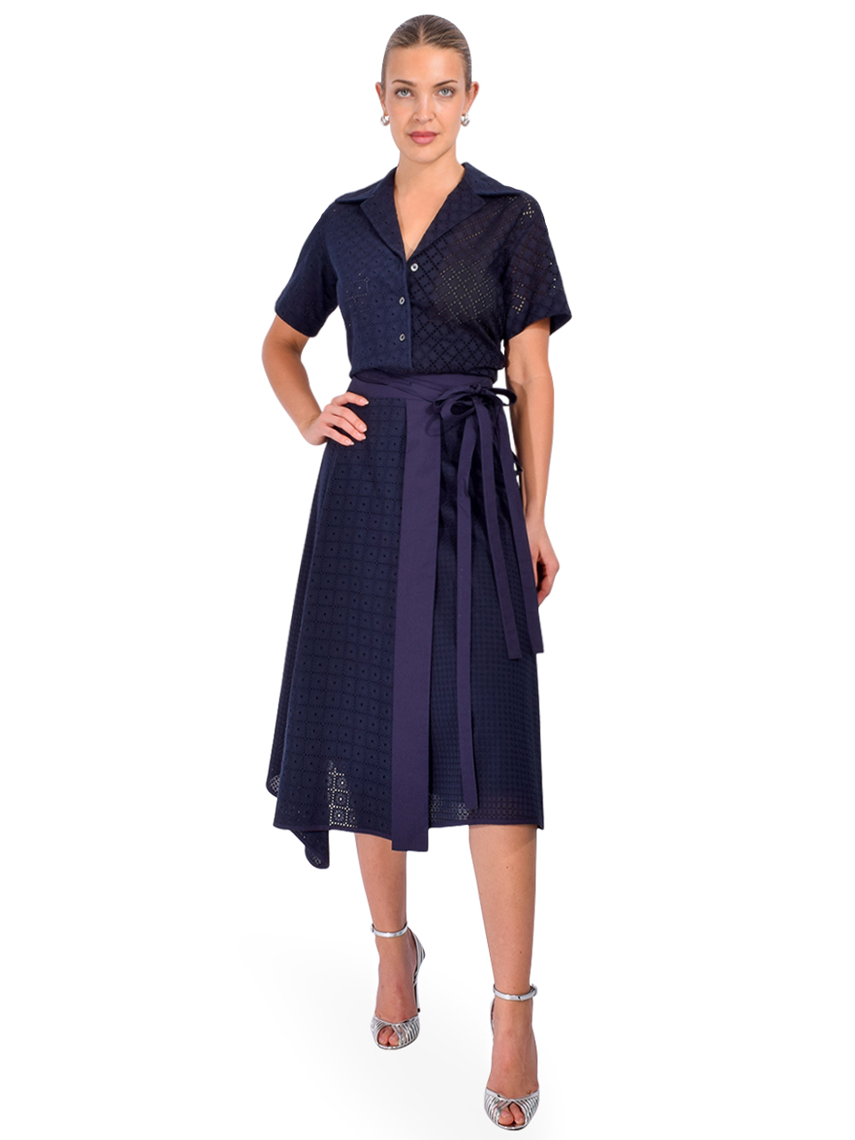 3.1 PHILLIP LIM Broderie Anglaise Patchwork Camp Shirt in Midnight Full Outfit 