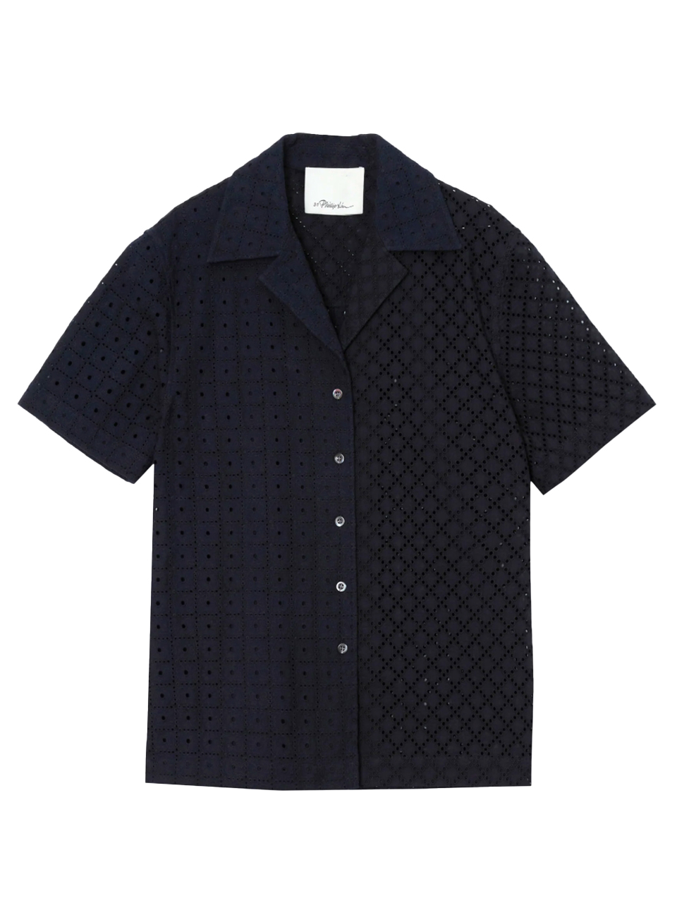 3.1 PHILLIP LIM Broderie Anglaise Patchwork Camp Shirt in Midnight Product Shot 