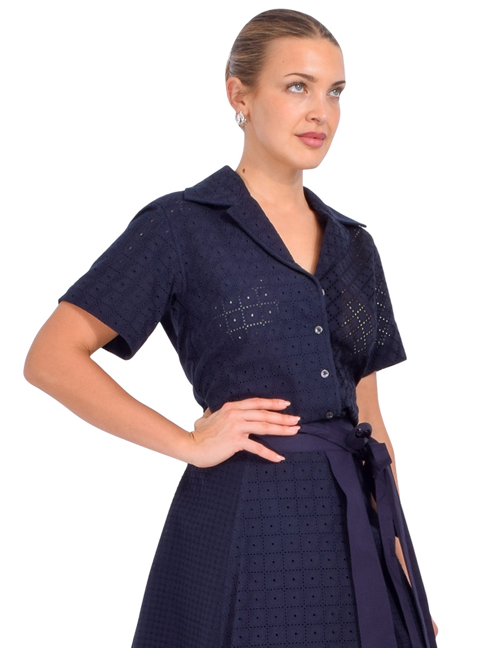 3.1 PHILLIP LIM Broderie Anglaise Patchwork Camp Shirt in Midnight Side View