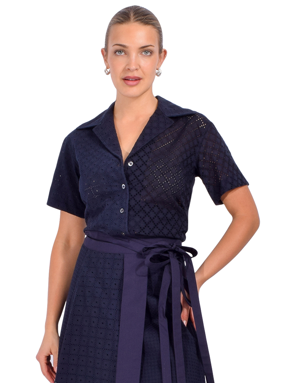 3.1 PHILLIP LIM Broderie Anglaise Patchwork Camp Shirt in Midnight Front View 