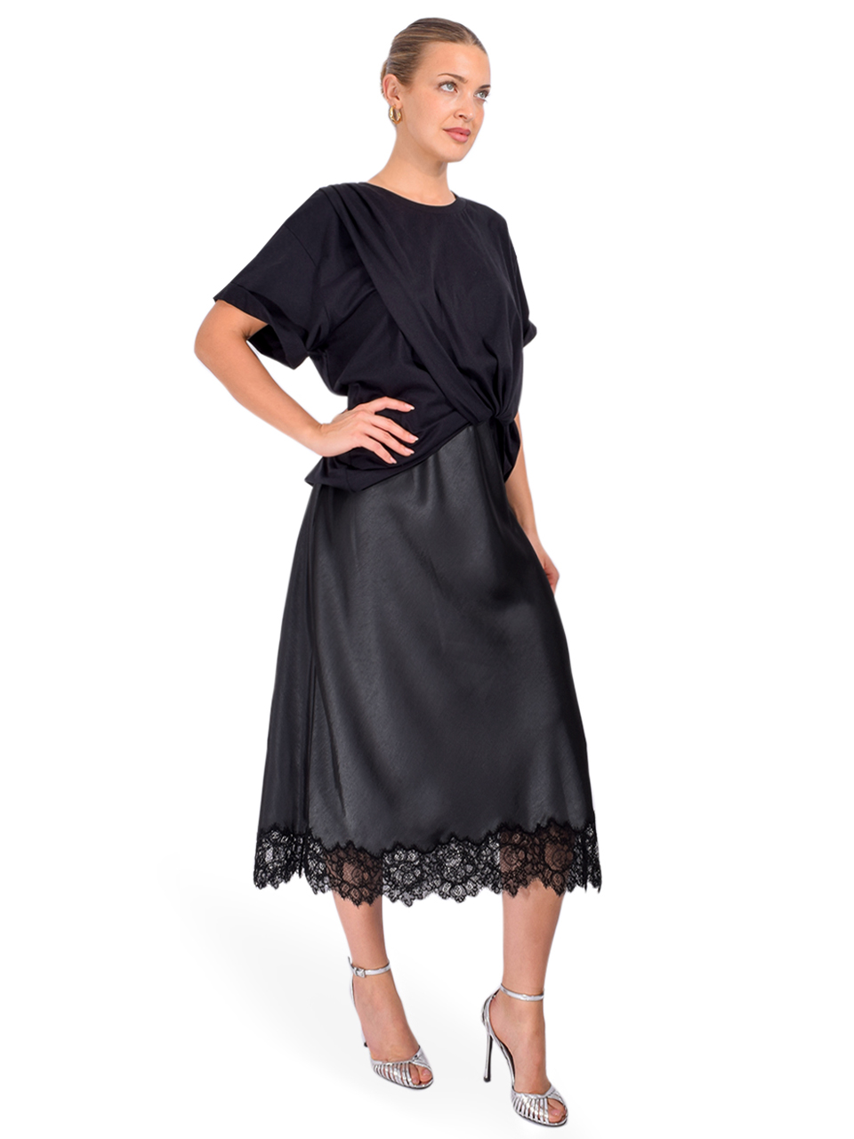 3.1 PHILLIP LIM Draped Combo T-Shirt Dress in Black/Slate Side View 
