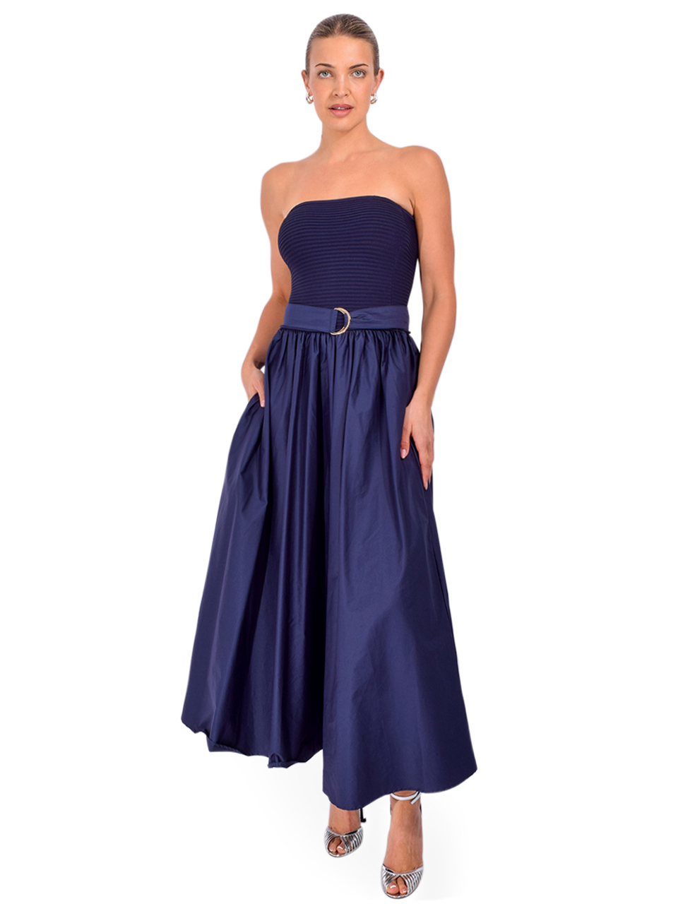 KARINA GRIMALDI Ines Knit Combo Dress in Navy Front View 1