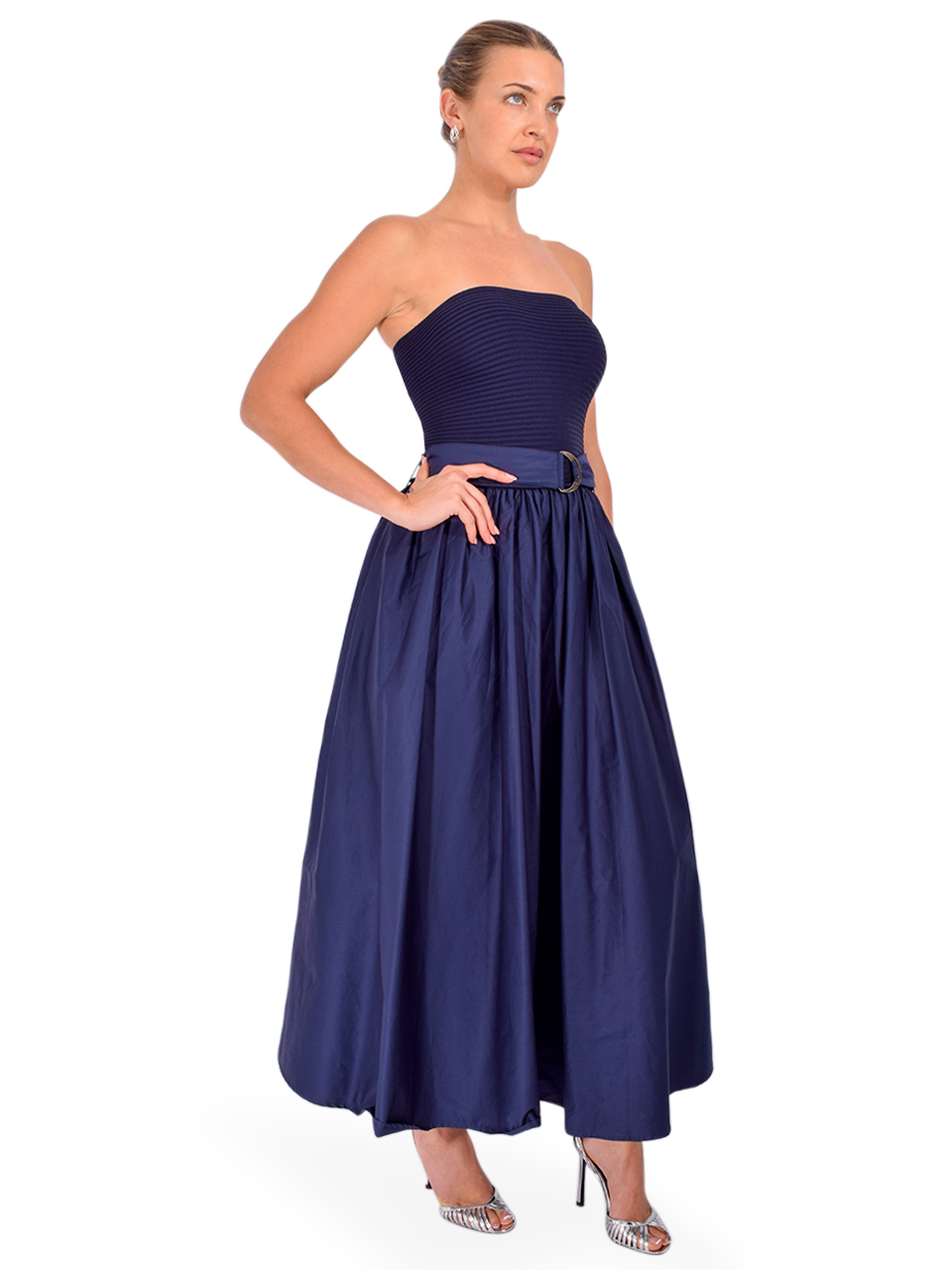 KARINA GRIMALDI Ines Knit Combo Dress in Navy Side View 