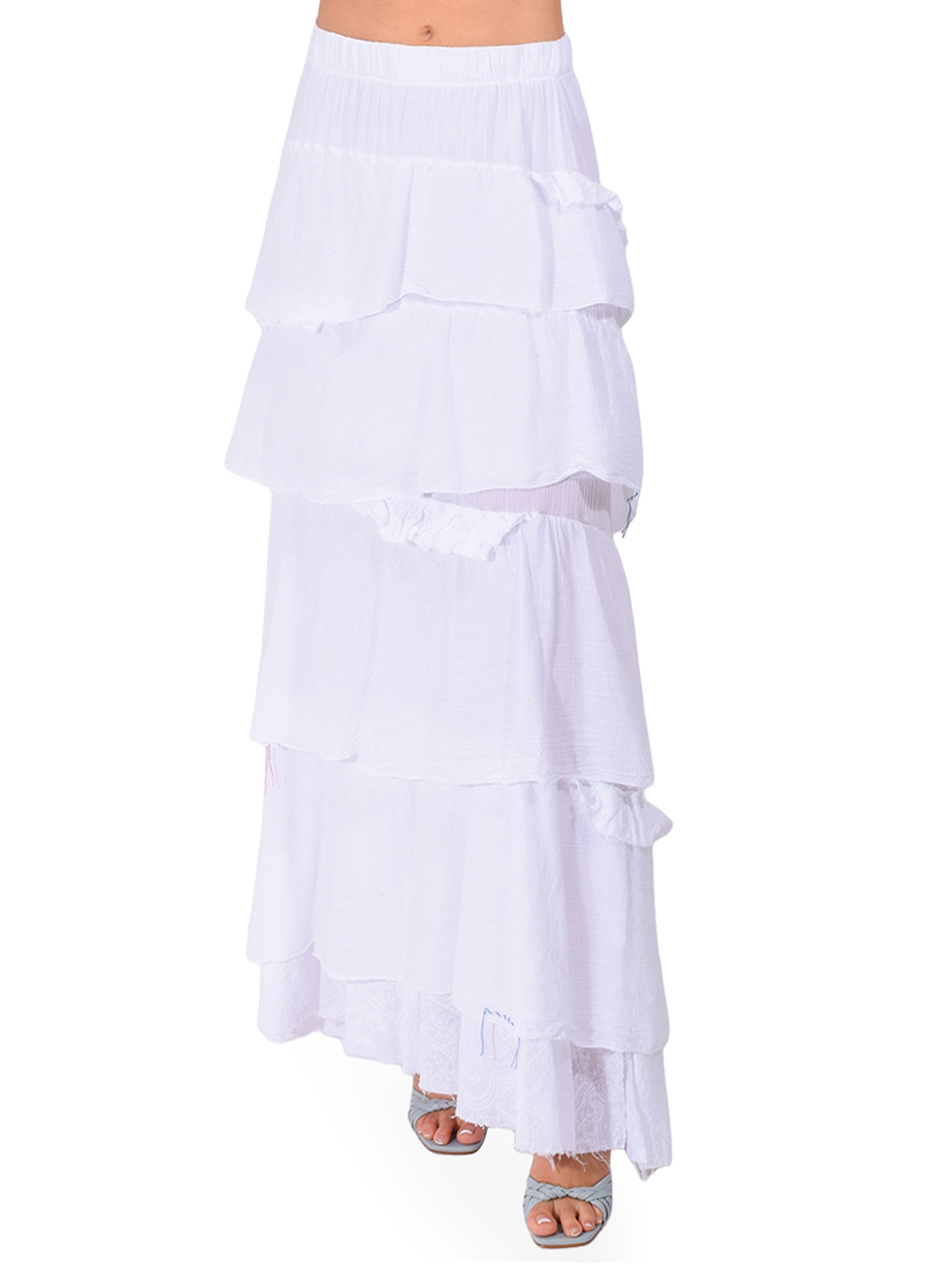 BYE FIRENZE Tiered Ruffle Maxi Skirt in White Front View 