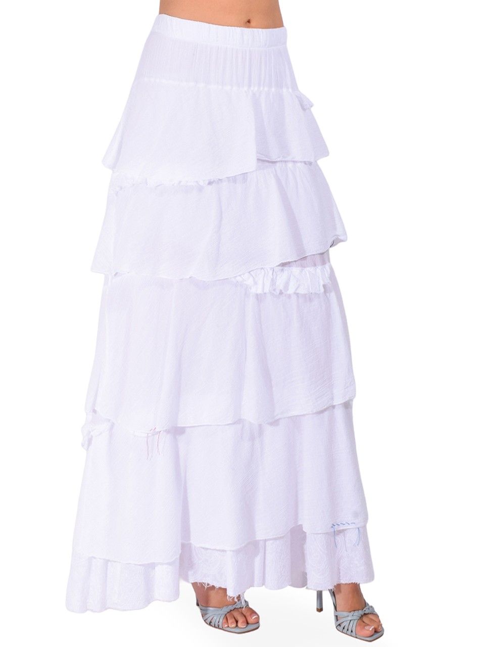 BYE FIRENZE Tiered Ruffle Maxi Skirt in White Side View 