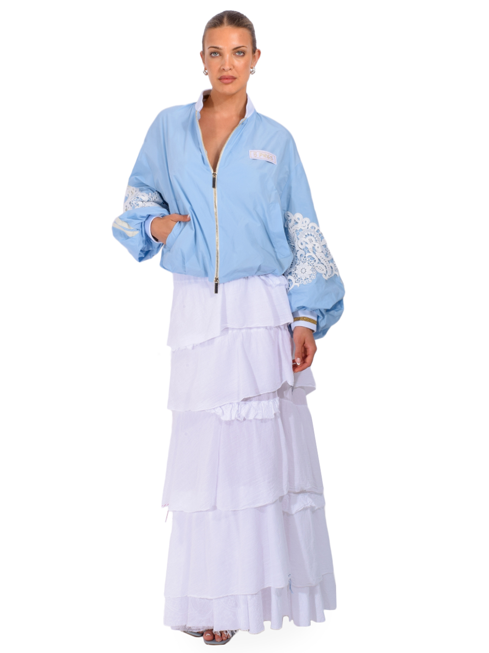 5 PROGRESS Sporty Lace Bomber Jacket in Light Blue Full Outfit 