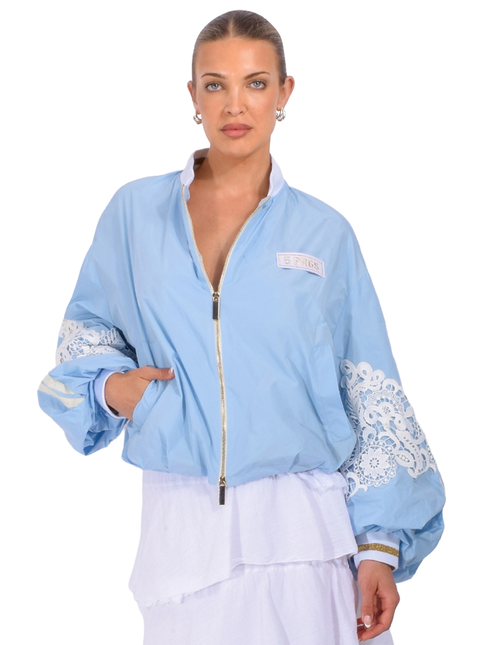 5 PROGRESS Sporty Lace Bomber Jacket in Light Blue Front View 