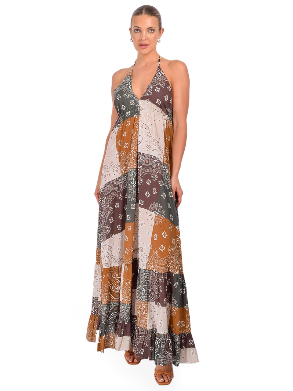 5 PROGRESS Paradiso Summer Maxi Dress in Bandana Military Green Front View 1